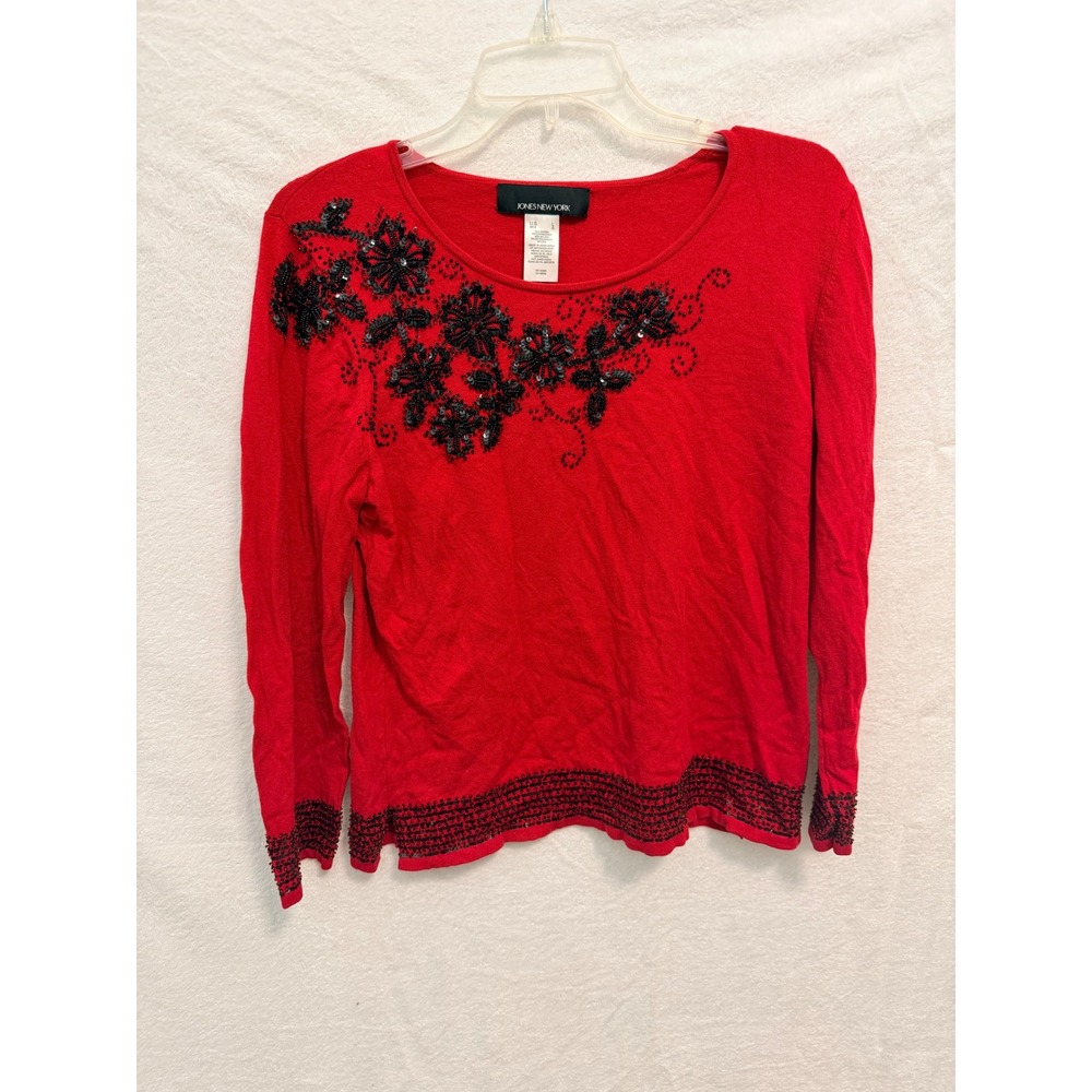 Jones New York Red Beaded Sequin Floral Sweater Large Long Sleeve Scoop Neck